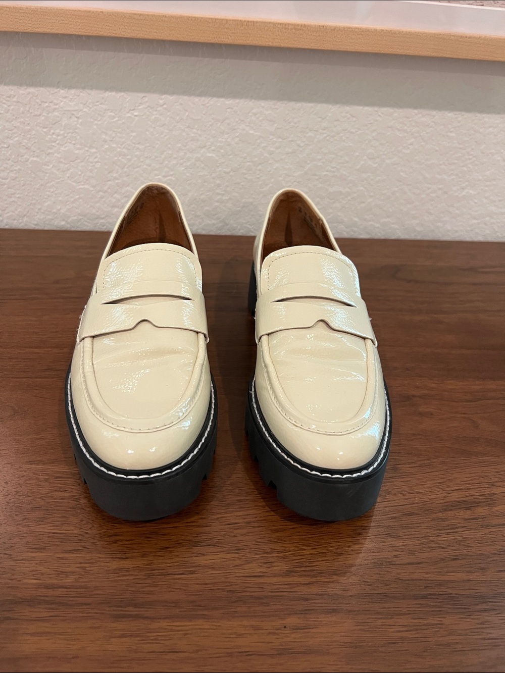 Women’s Cream Patent Leather Penny Loafers with Chunky Black Sole